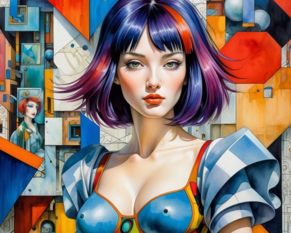 Young Woman with Geometric Background and Colorful Hair