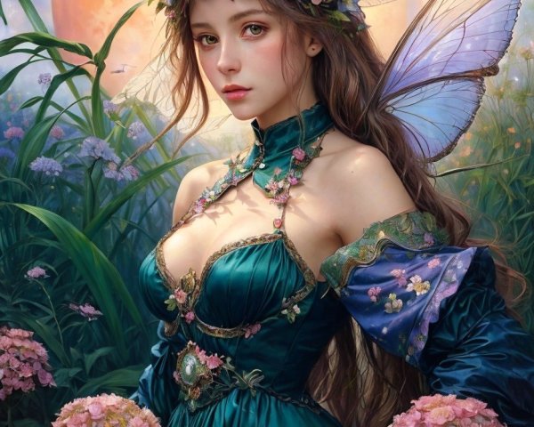 Mystical Fairy in Vibrant Garden Under Glowing Moon