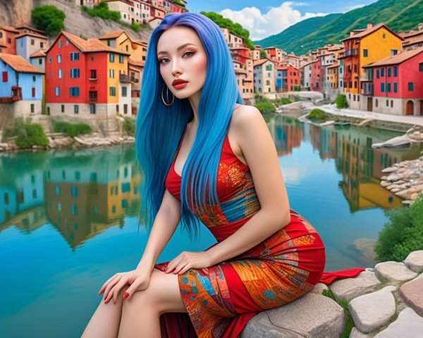 Vibrant Blue-Haired Woman by Serene River Landscape