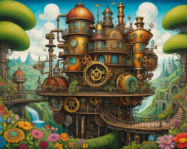 Steampunk Structure Surrounded by Lush Nature