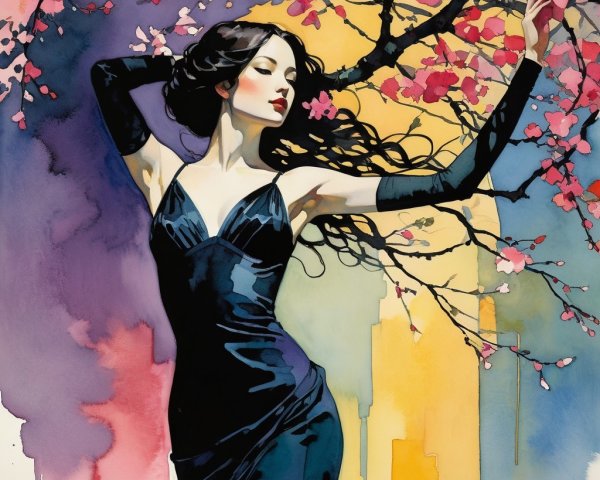 Elegant Woman in Black Dress Under Cherry Blossoms