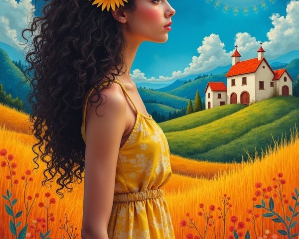 Young Woman in Yellow Dress with Sunflowers in Landscape