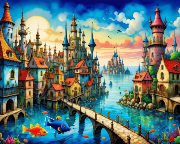Vibrant Fantasy Landscape with Whimsical City and Water