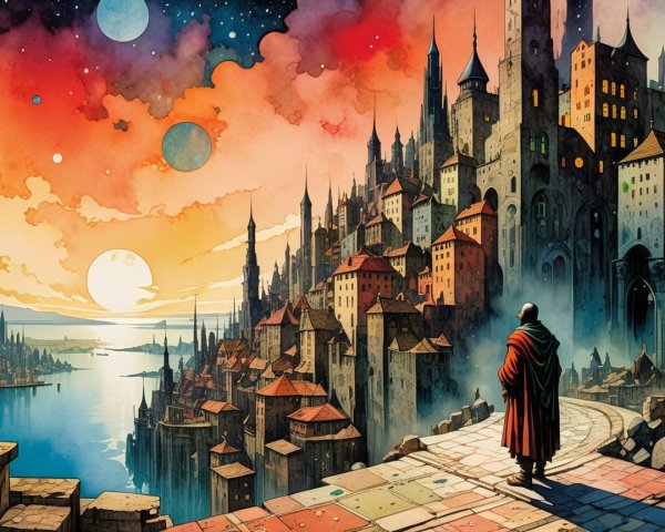 Lone Figure Overlooks Fantastical Cityscape at Dusk