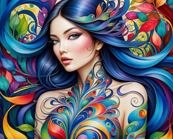 Vibrant Female Figure with Flowing Blue Hair and Leaves