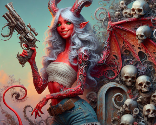 Vibrant Character with Red Skin and Futuristic Gun