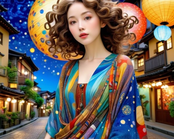 Young woman in colorful cosmic robe under starry sky