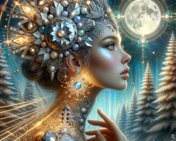Magical Winter Landscape with Ethereal Figure and Moon