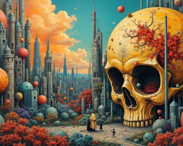 Surreal Landscape with Skyscrapers and Golden Skull