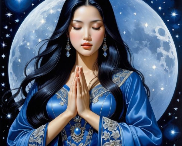 Young Woman in Prayer Under a Full Moon and Stars