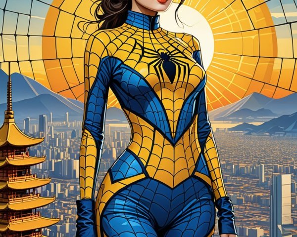 Woman in Spider-Themed Suit with Pagoda Background