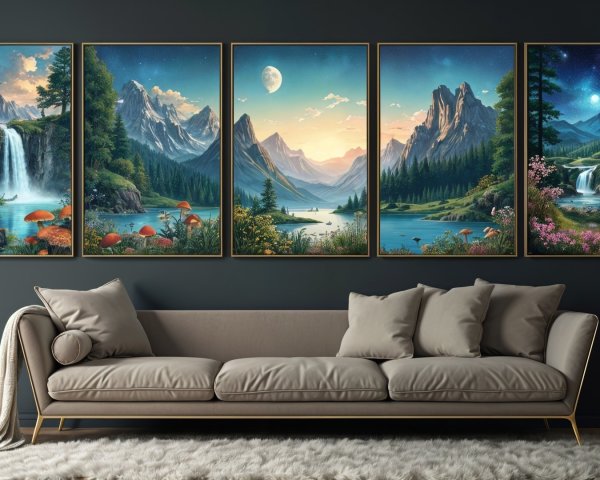 Serene Living Room with Framed Landscape Paintings