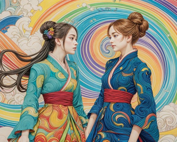 Elegant figures in vibrant traditional kimonos with patterns