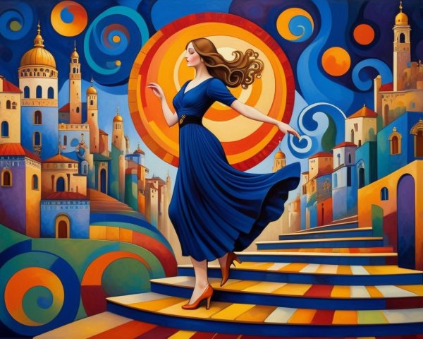 Woman in Blue Dress Walking Up Colorful Staircase