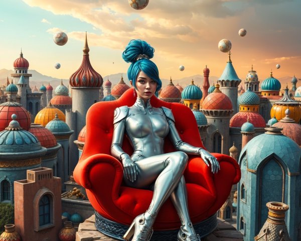 Futuristic woman in silver suit on rocky outcrop