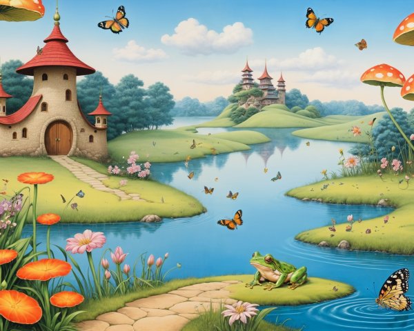 Whimsical Landscape with Stone House and River
