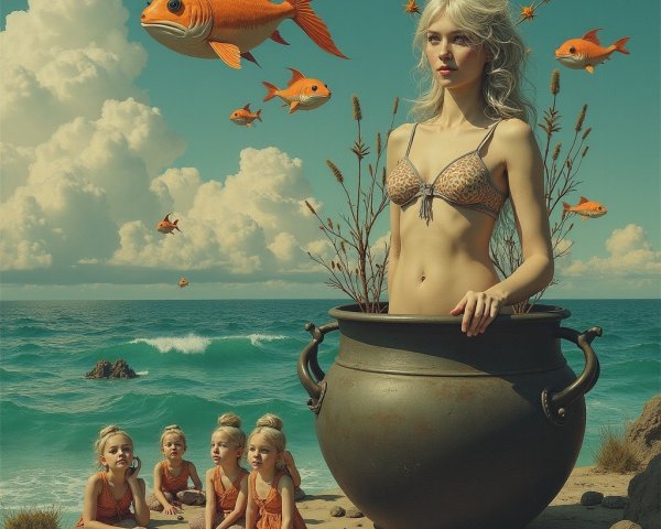Whimsical Ocean Scene with Young Woman and Goldfish