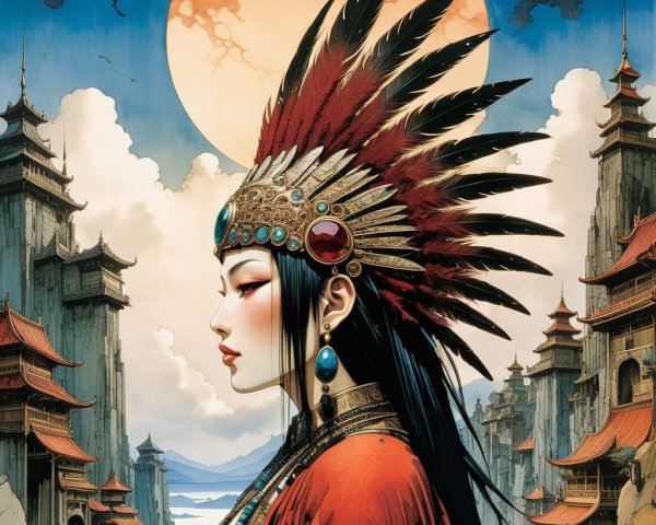 Regal figure in profile with elaborate headdress and moon