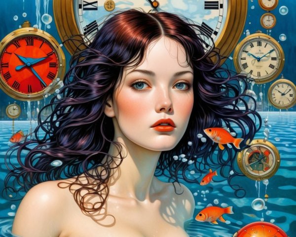 Serene Woman in Water Surrounded by Clocks and Fish