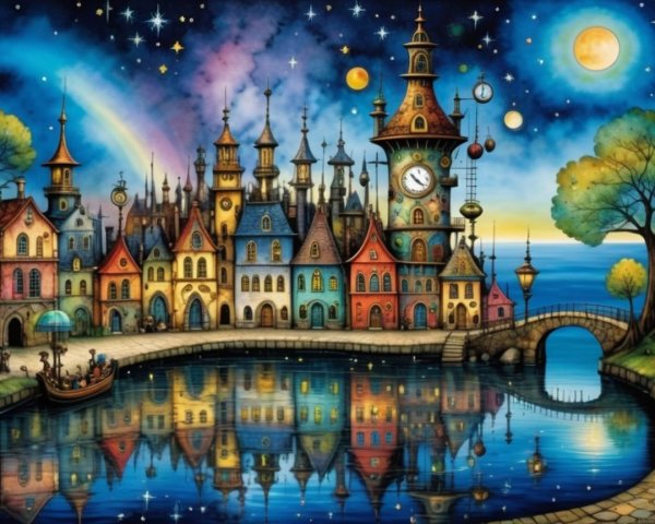 Colorful Cityscape Reflected in Serene Water