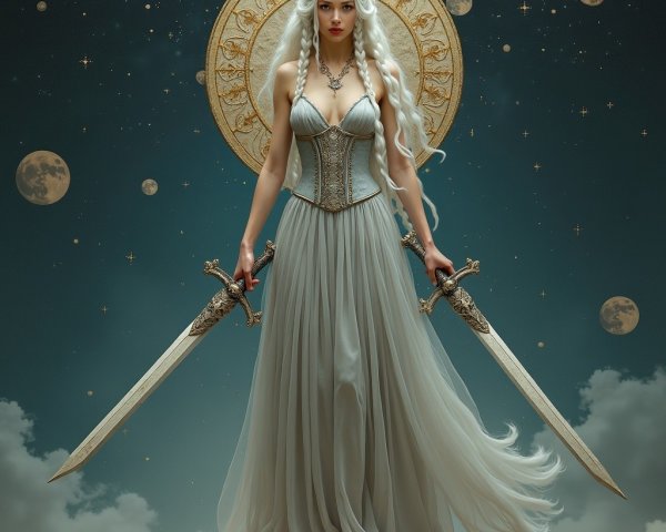 Celestial figure in silver gown with ornate swords