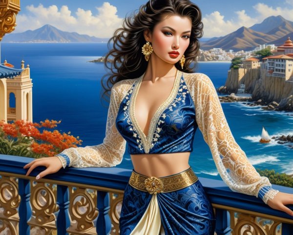 Stylish Woman on Balcony Overlooking Coastal Landscape