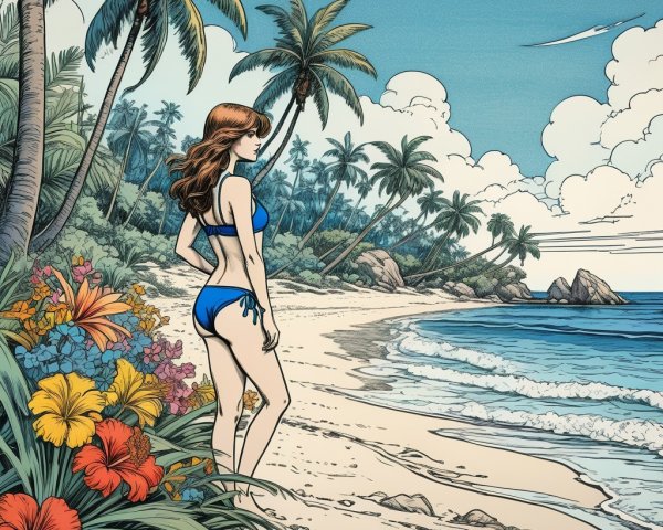 Serene beach scene with woman in blue bikini