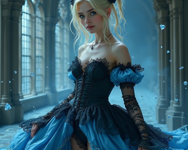Elegant young woman in blue gown in grand hall