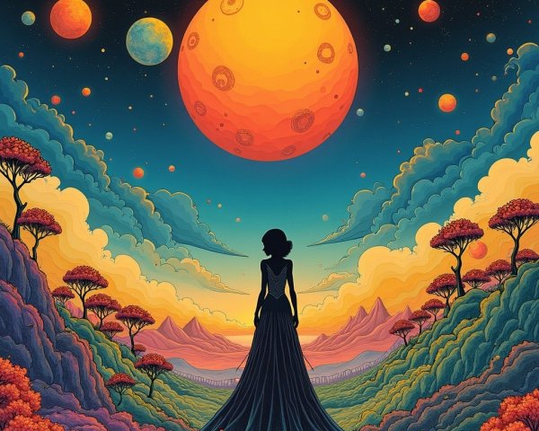 Silhouette in a Vibrant Surreal Landscape with Celestial Bodies