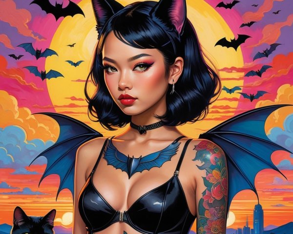 Black Winged Figure with Cat Ears at Sunset