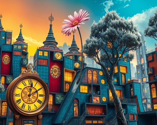 Whimsical Cityscape with Colorful Buildings and Clocks