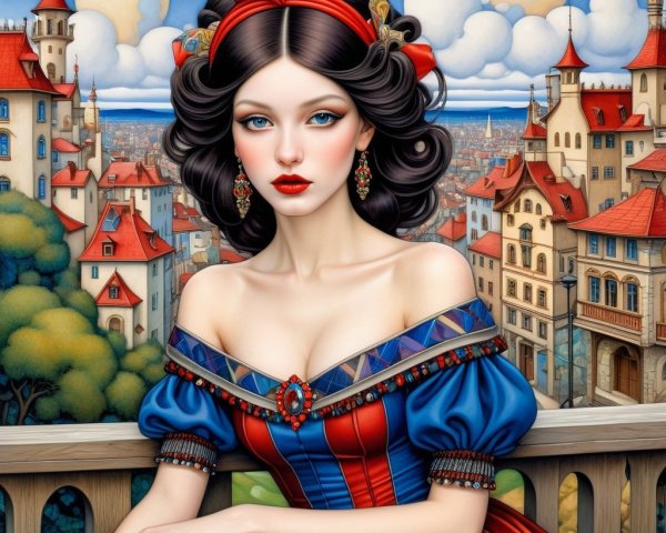 Stylized Young Woman in Vibrant Dress with Landscape