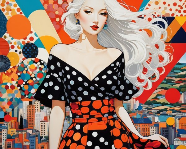 Woman with White Hair in Bold Polka Dot Dress
