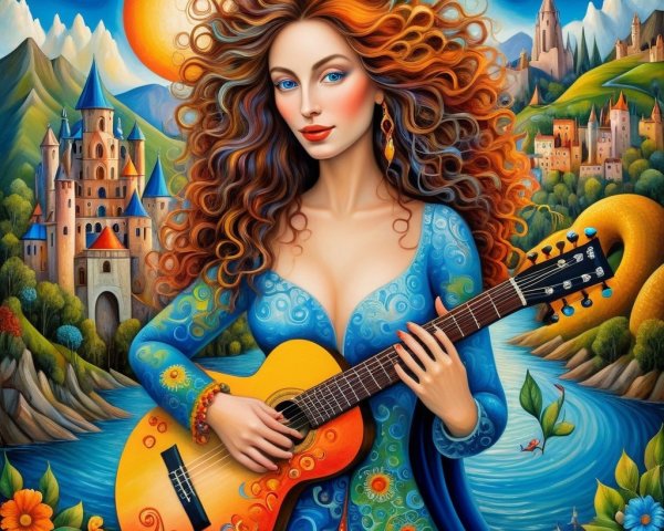 Vibrant Painting of Woman with Guitar in Whimsical Landscape