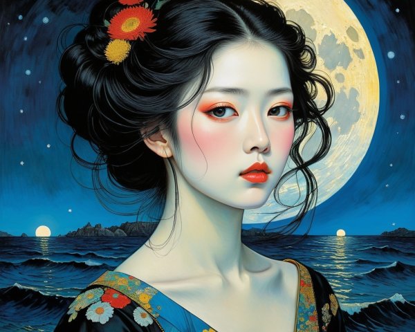 Serene figure in traditional attire by the ocean at night