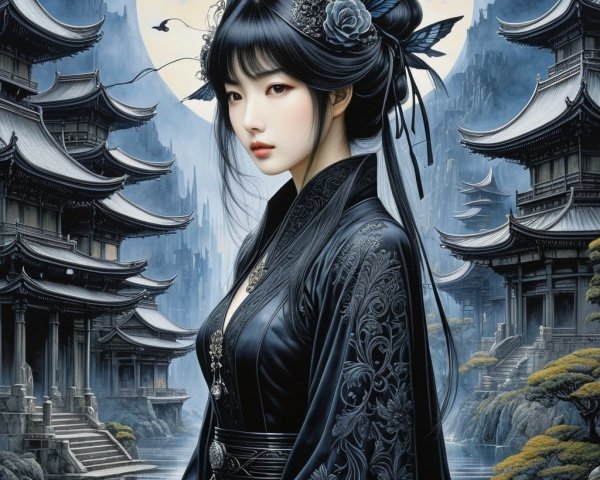 Young Woman in Elegant Gown in Mystical Landscape