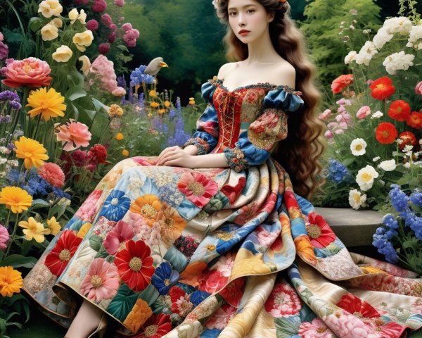 Young Woman in Floral Gown in Flower Garden Scene
