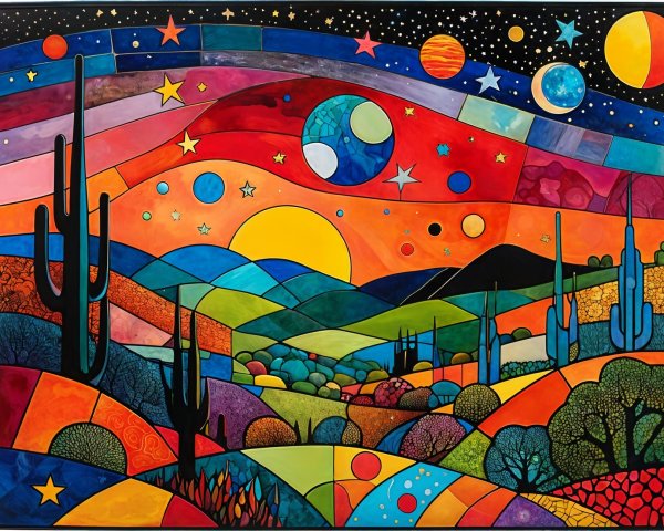 Vibrant Abstract Landscape with Colorful Sky and Cacti