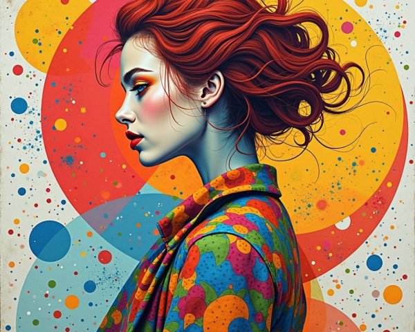 Stylized profile of a woman with red hair and robe