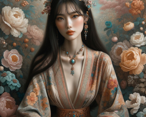 Floral Kimono Figure Surrounded by Blooming Peonies