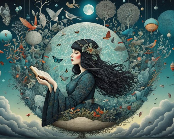 Woman with Floral Headband in Celestial Globe Scene