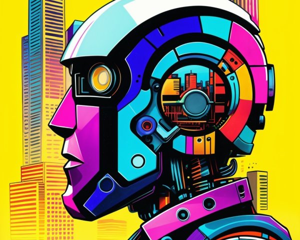 Pop Art Illustration of a Robotic Head in Bright Colors