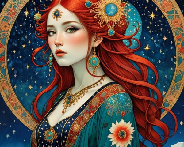 Ethereal Woman with Red Hair and Turquoise Garment