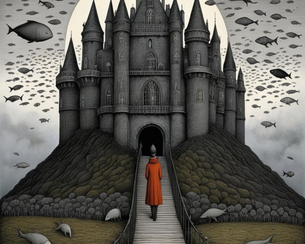 Solitary Figure in Orange Coat Near Castle and Moon