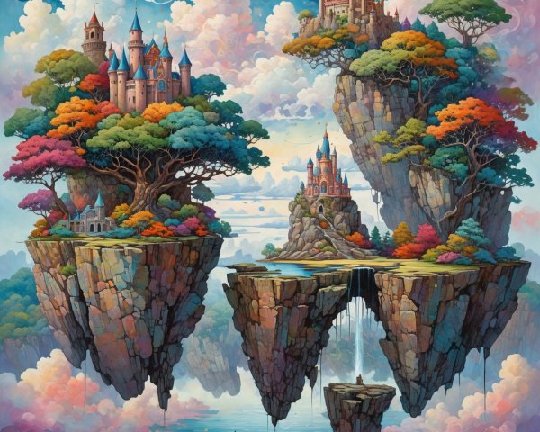 Digital Painting of Floating Castles on Islands