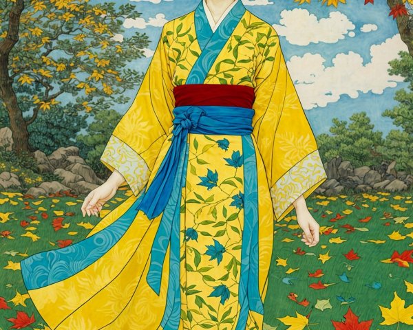 Young Woman in Yellow Kimono Amidst Autumn Leaves
