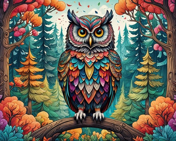 Vibrant Owl in Whimsical Forest Setting