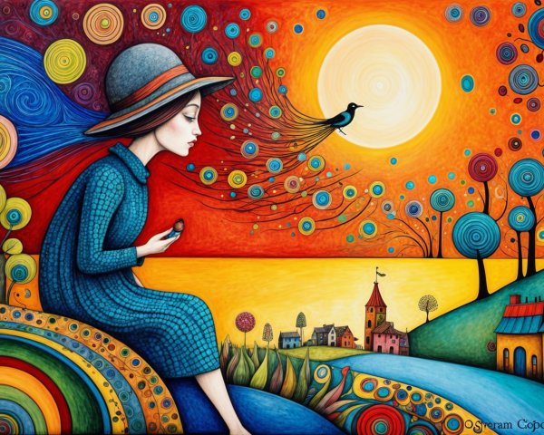 Whimsical Scene of a Girl on a Rainbow Hill