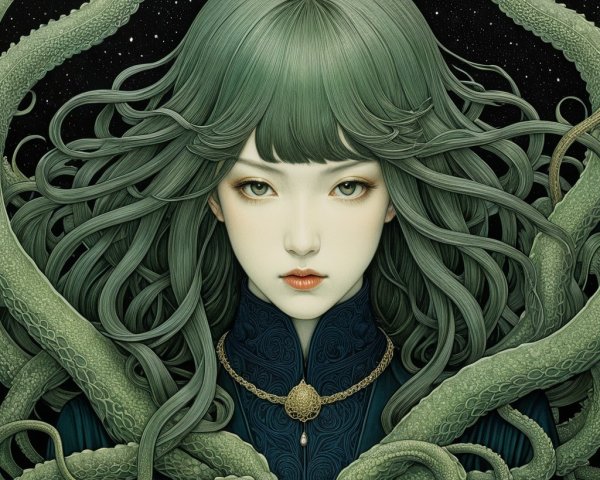 Portrait of a Woman with Green Hair and Tentacles