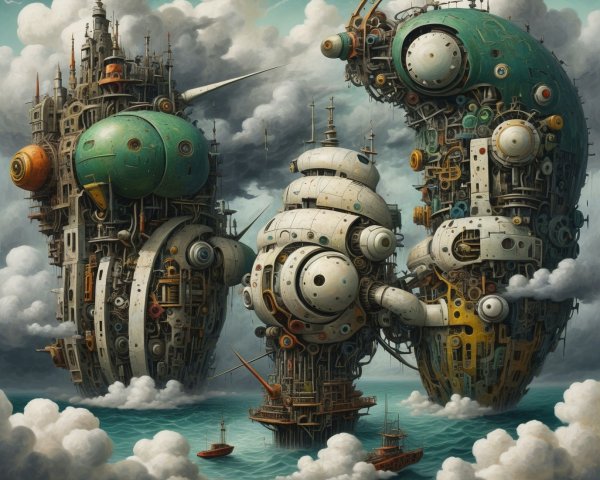 Steampunk Structures Above Choppy Deep Teal Ocean